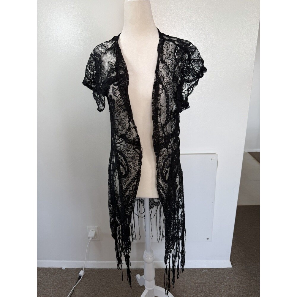 Black Lace Fringe Kimono Cardigan beach Cover Up Boho Festival Gothic Size S - Picture 2 of 5